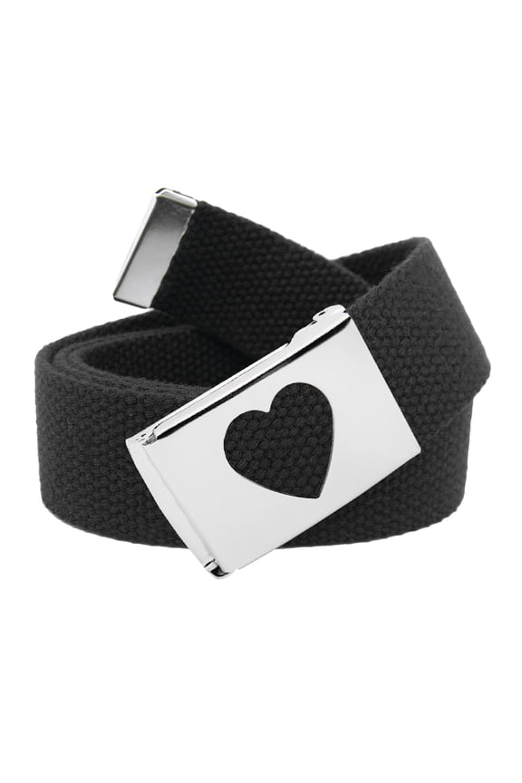 Women's Silver Flip Top Heart Belt Buckle with Canvas Web Belt Large Black