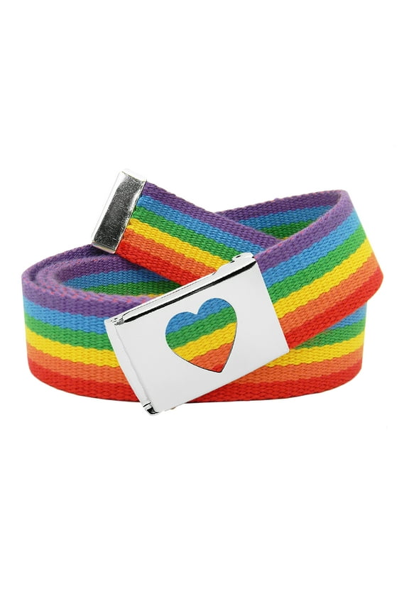 Women's Silver Flip Top Heart Belt Buckle with Canvas Web Belt Medium Rainbow