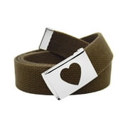 Womens Silver Flip Top Heart Belt Buckle with Canvas Web Belt Small Brown
