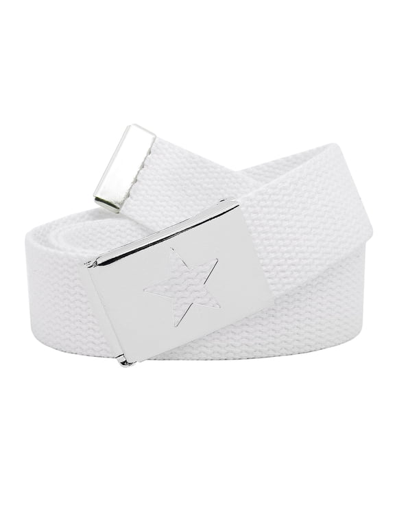 Women's Silver Flip Top Star Belt Buckle with Canvas Web Belt Large White