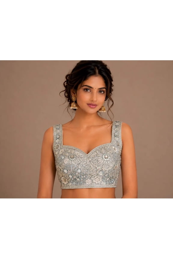 Women's Silver Grey Embroidered Saree Blouse Designer Readymade Bridal Blouse
