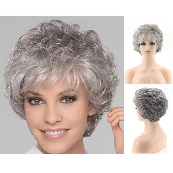 Women's Silver Grey Short Curly Synthetic Wig Side Bangs Natural Look