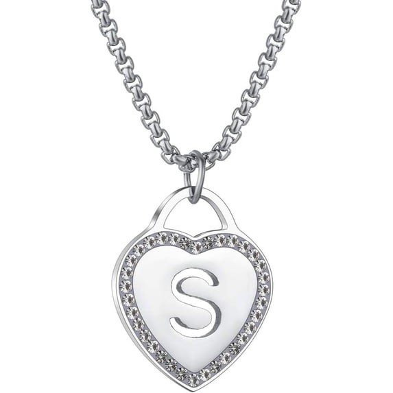 Women's Silver Initial Necklace Stainless Steel Love Heart Tiny Letter Necklace Personalized Name Jewelry for Girlfriend Gift 26 Alphabet Letters