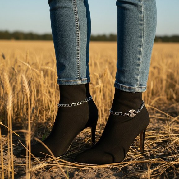 Womens Silver Metal Boot Chain Bracelet Set Western Biker Goth Punk Rocker Bling Anklet Pair with Dollar Sign Charm $ - Handmade USA BC2