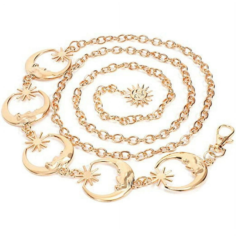 WERFORU Women's Silver Gold Metal Link Moon Star Body Chain Belt Ladies  Waist Chain Belt for Jeans Dress(Gold, Fit waist size below 24 Inches) :  : Clothing, Shoes & Accessories
