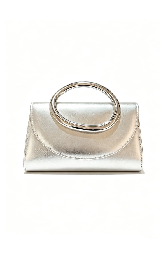Women’s Silver Metallic Clutch Purse, Evening Bag with Oval Ring Handle