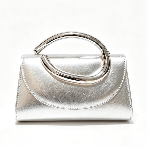 Women’s Silver Metallic Clutch Purse, Evening Bag with Oval Ring Handle