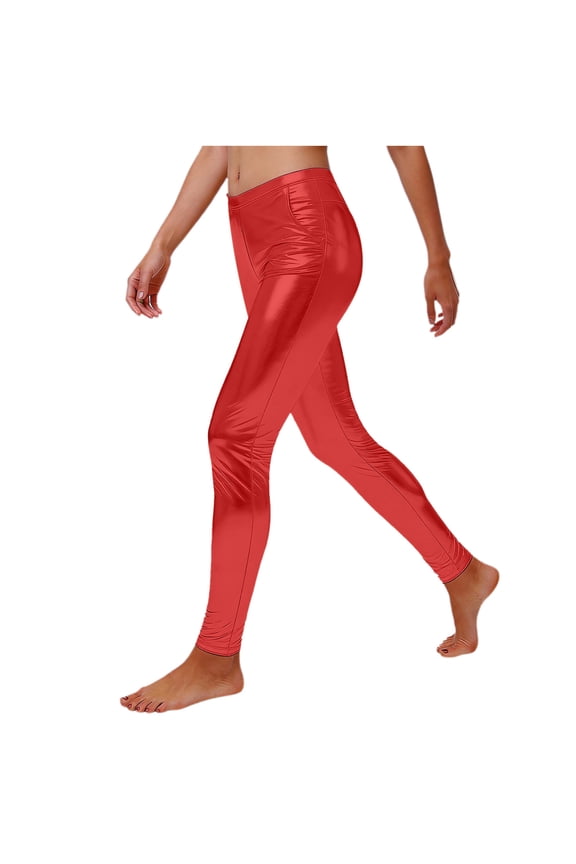 Women's Silver Metallic High-Waist Glitter Space Costume Shiny Trousers 80s with High Waist Shiny Party Dance Disco Carnival Metallic Trousers Leggings