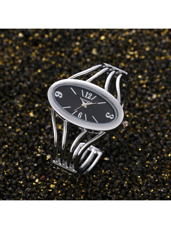 Women’s Silver Open Bangle Watch with Black Dial Quartz Bracelet Fashion Watch