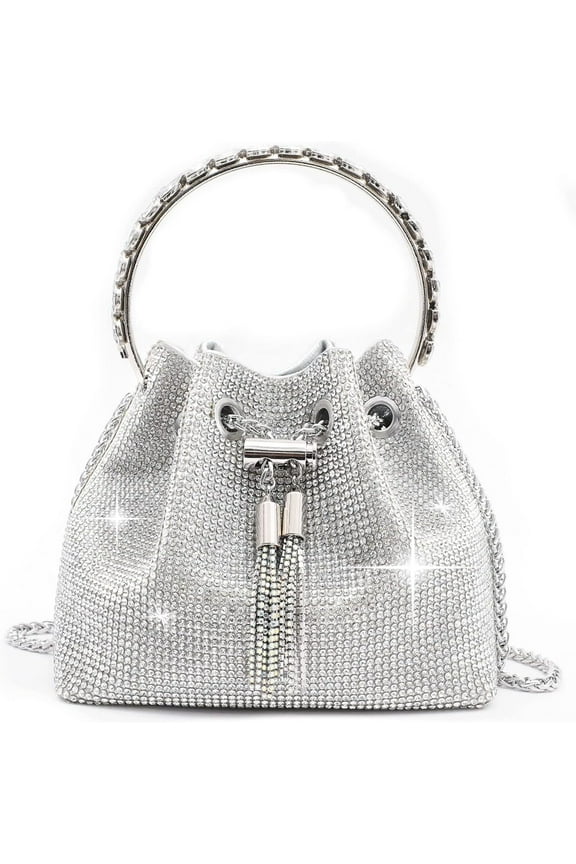 Women's Silver Rhinestone Purse Luxury Diamond Shining Clutch Chain Crossbody Bucket Bling Bling Evening Bag