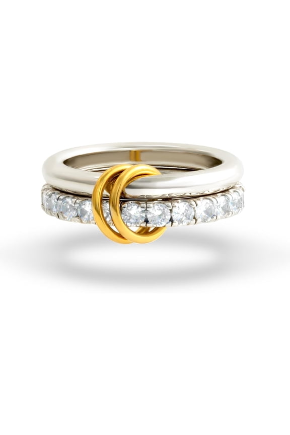 Women's Silver Ring Set, Chunky Stackable Cubic Zirconia Ring Set (Tarnish Resistant), White Gold Multi-link Ring