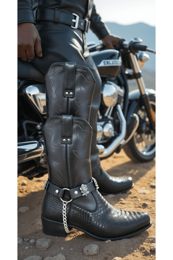 Womens Silver Rose Flower Boot Chain Straps Black Faux Leather Double Strap Bracelet Western Biker Punk Chic Shoe Accessory (One Size, 12"-16")