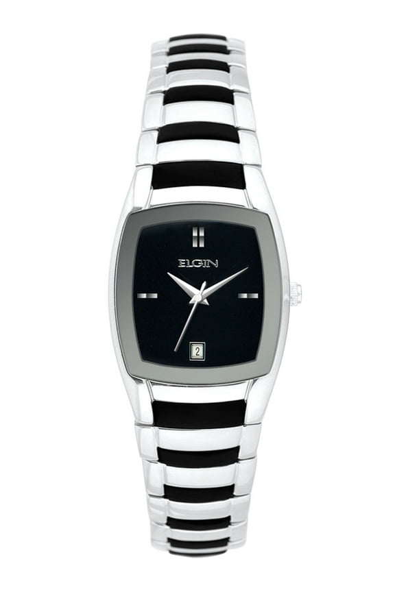 Women's Silver-Tone Black Sunray Dial Rubber Integrated Bracelet Watch