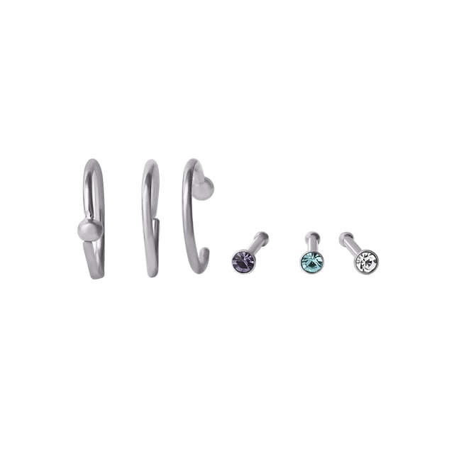 Women's 6-Piece Silver-Tone Crystal Nose Ring Set, Stud & Hoop ...