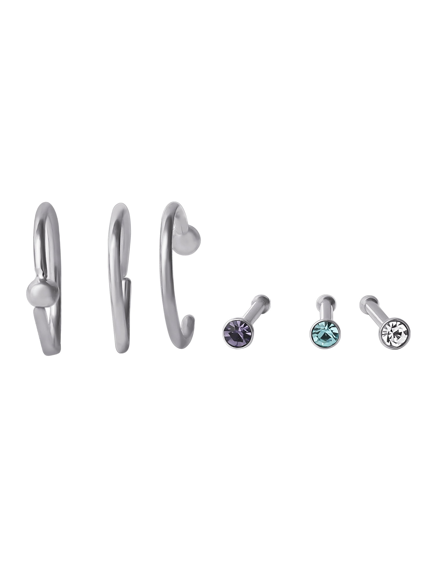 NOBRAND Women's Silver Tone Crystal Stud and Hoop Nose Ring Set, 6-Piece
