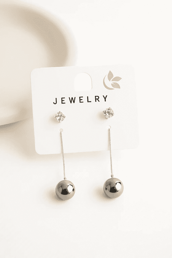 Women’s Silver Tone Dual Set Earrings – Crystal Stud Earrings & Long Drop Ball Dangle Earrings, Lightweight, Elegant Fashion Jewelry for Daily & Party Wear