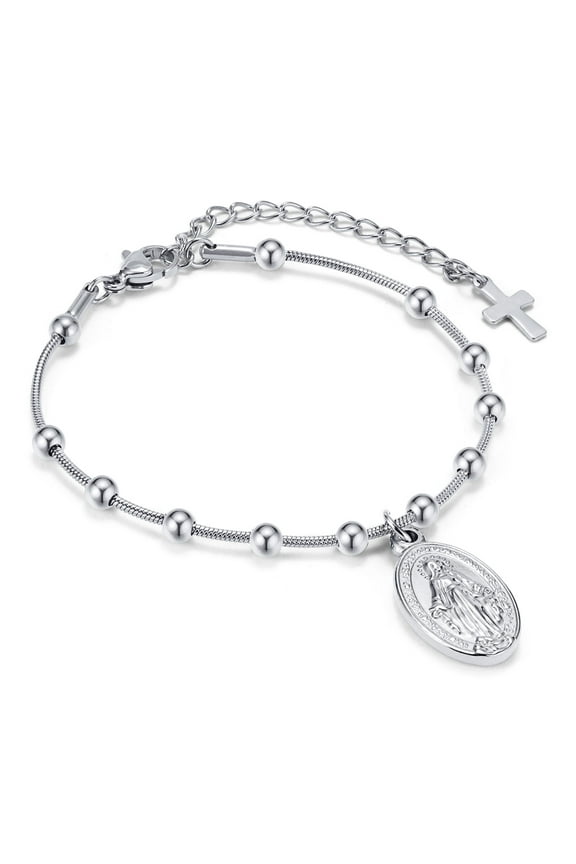 Women's Silver Virgin Mary Bracelet, Catholic Rosary Bead Cross Bracelets, Non Tarnish Hypoallergenic Religious Baptism Virgen de Guadalupe Bracelets Jewelry Gifts for Her
