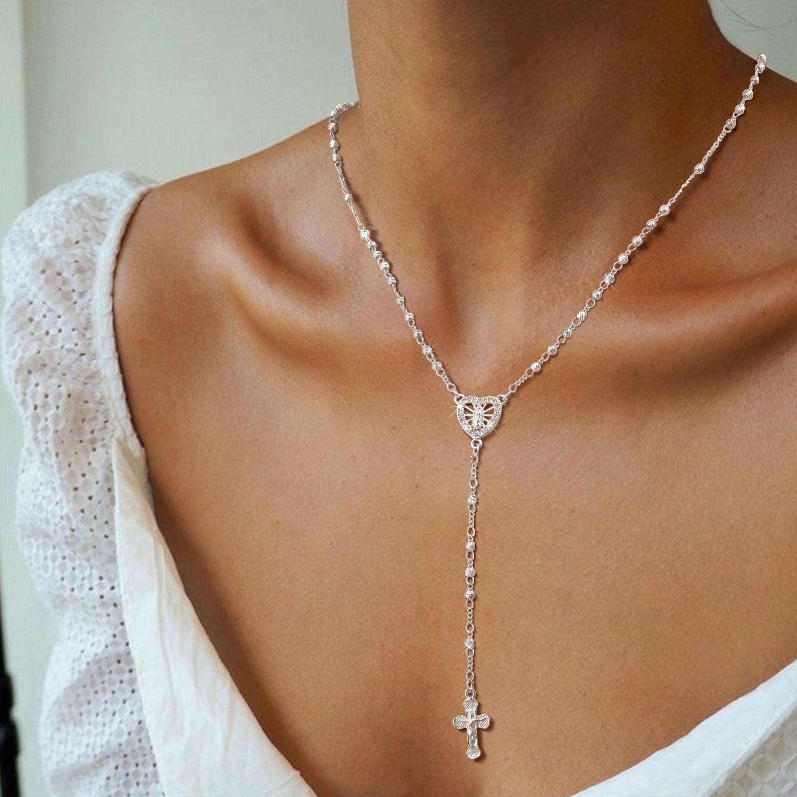 Rosary cross Necklace y2k 十字架　ハート　マリア Women's Silver Virgin Mary Necklace - Rosary Bead Cross Lariat