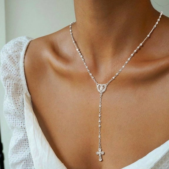 Women's Silver Virgin Mary Necklace - Rosary Bead Cross Lariat Necklaces, Non Tarnish Hypoallergenic Catholic Y Chain Necklace, Religious Rosary Crucifix Long Necklaces Jewelry Gift