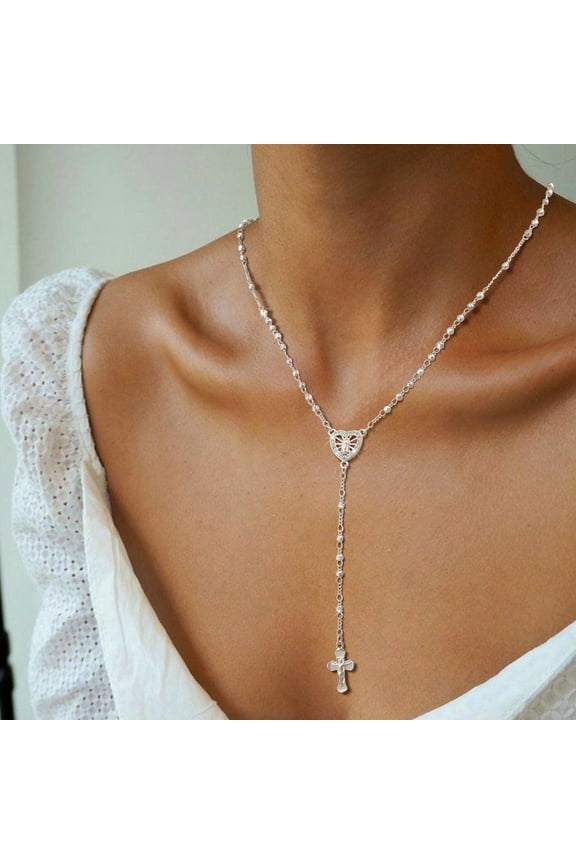 Women's Silver Virgin Mary Necklace - Rosary Bead Cross Lariat Necklaces, Non Tarnish Hypoallergenic Catholic Y Chain Necklace, Religious Rosary Crucifix Long Necklaces Jewelry Gift