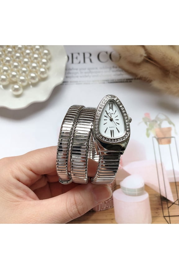Women’s Silver Wrap Bangle Watch with White Dial Rhinestone Accent Quartz Wrist Watch