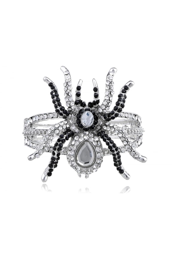 Women's Silvery Toned Rhinestones Clear Black Spider Textured Halloween Bangle Bracelet