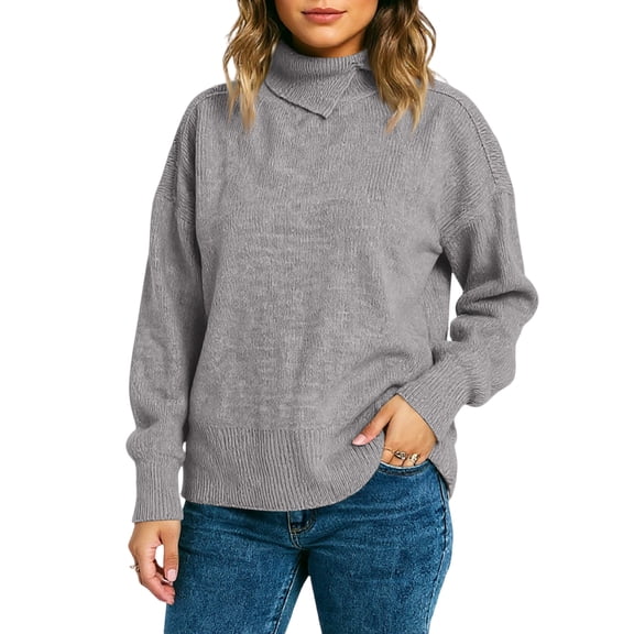 Women's Simle Commuting Irregular Slit High Collar Solid Color Knitted Pullover Sweater, Elegant and Modern Design, Irregular Slit Detail, High Collar for Style,Light Gray,S