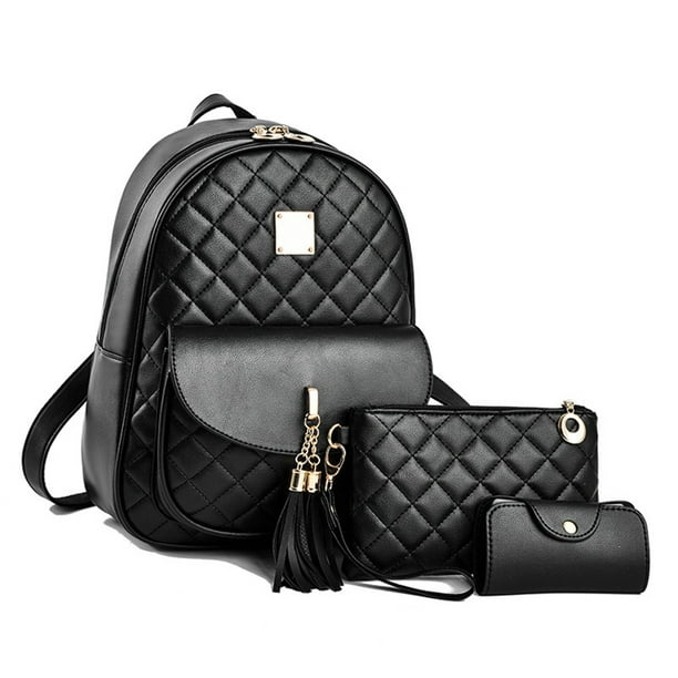 Women s Simple Design Quilted Backpack Mini Backpack for Women 3Pcs Leather Backpack Purse for Women Small Backpack Black Walmart Business Supplies