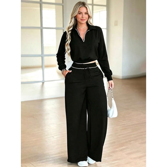 Women's Simple Fall Commuter And Casual Two Pieces Set: Long-Sleeve Collared Top And Straight-Leg Pants With Elastic Waist And Pockets