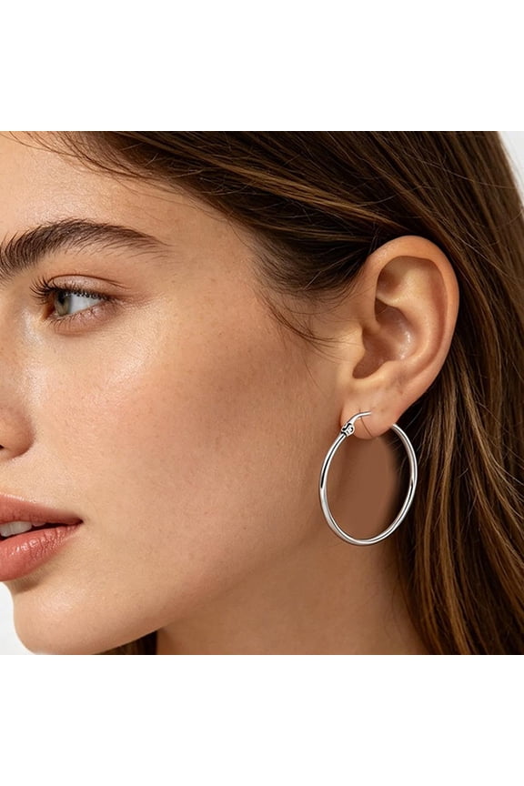 Women’s Simple Large Round Hoop Earrings – Lightweight, Secure Latch-Back, Silver, Multiple Sizes,1 Pair
