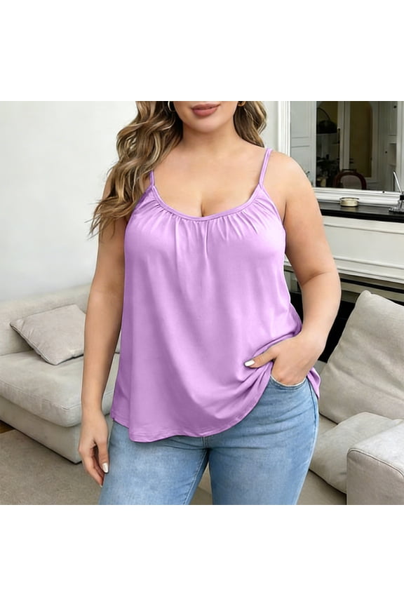 Women's Simple Loose Camisole Tank Top with Built in Bra Milk Silk Spandex for Outer Wear and Layering Purple 3XL