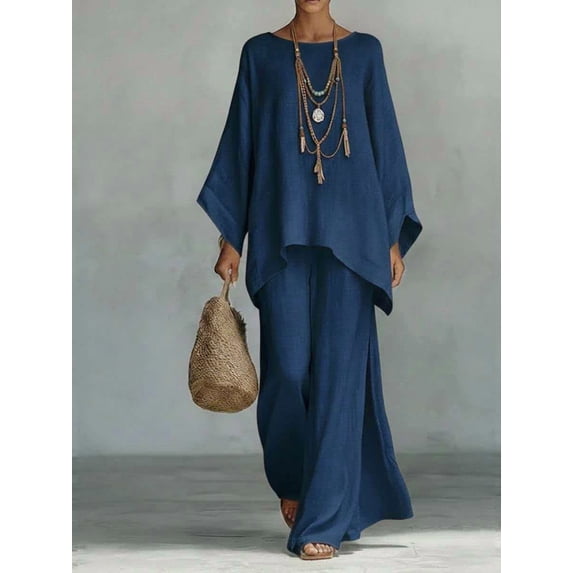 Women's Simple Loose Linen Blend Shirt and Wide-Leg Pants Set