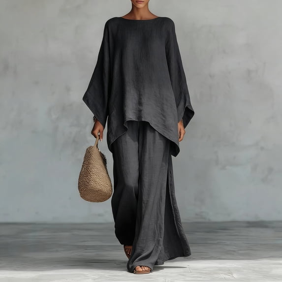 Women's Simple Loose Linen Blend Shirt and Wide-Leg Pants Set