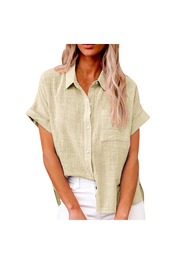 Women's Simple and fashion shirt Casual Classic Shirts Cotton Linen Short Sleeve Lapel Button Down Shirt temperament Tops