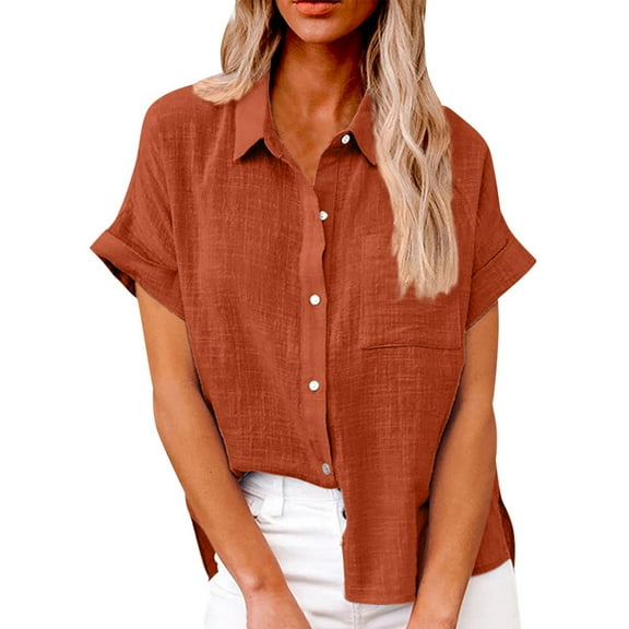Women's Simple and fashion shirt Casual Classic Shirts Cotton Linen Short Sleeve Lapel Button Down Shirt temperament Tops