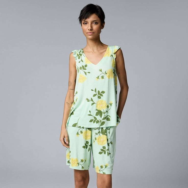 Women s Simply Vera Vera Wang Pajama Tank And Pajama Bermuda Short Sleep Set Color Mint Floral Size LARGE
