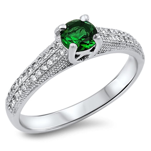 Women's Simulated Emerald Solitaire Ring .925 Sterling Silver Band Green CZ Female Size 7