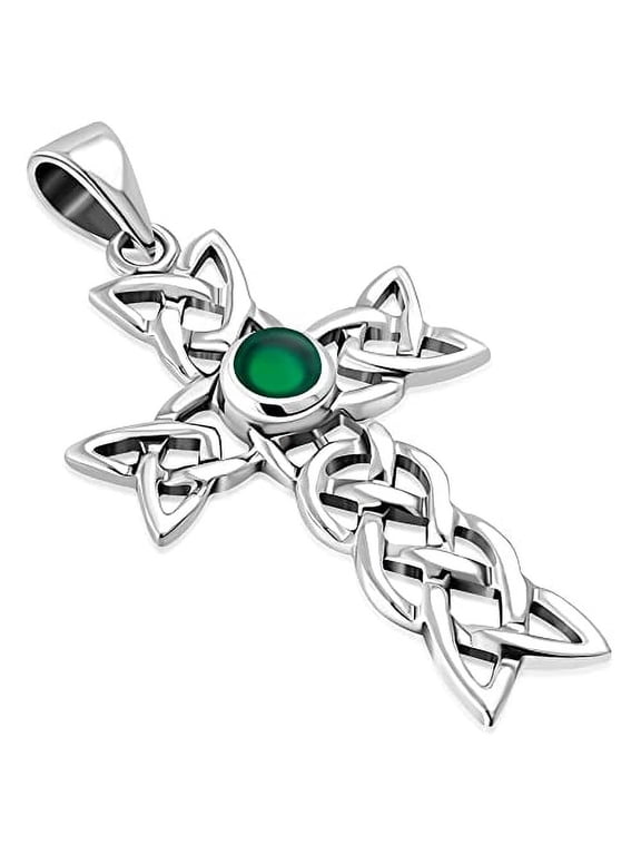 Women's Simulated Green Agate Cross Celtic Knot 925 Sterling Silver Pendant Necklace