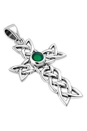 Women's Simulated Green Agate Cross Celtic Knot 925 Sterling Silver Pendant Necklace