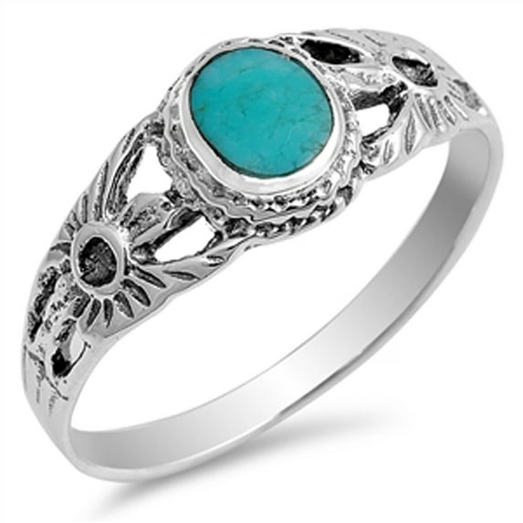 Women's Simulated Turquoise Oval Bali Ring 925 Sterling Silver Band Blue CZ Female Size 8