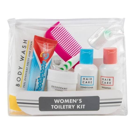 Women’s Single 15 Piece Travel Size Women’s Hygiene Toiletry Kits Containing Shampoo, Conditioner, Body Wash, Toothbrush, Toothpaste, Deodorant, Comb & More for Homeless Charity Donation