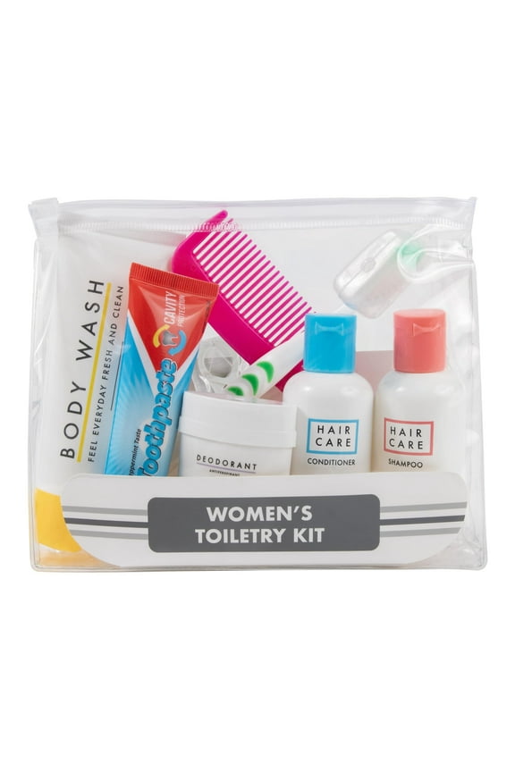 Women’s Single 15 Piece Travel Size Women’s Hygiene Toiletry Kits Containing Shampoo, Conditioner, Body Wash, Toothbrush, Toothpaste, Deodorant, Comb & More for Homeless Charity Donation