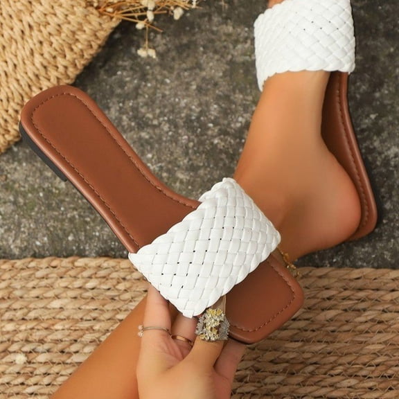 Women's Single Band Square Open Toe Slide Sandals Summer Vacation Flats Beach Shoes White