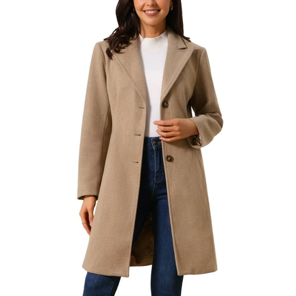 Women's Single Breasted Peacoat Fashion Winter Notched Lapel Button Down Outerwear Overcoat L Brown