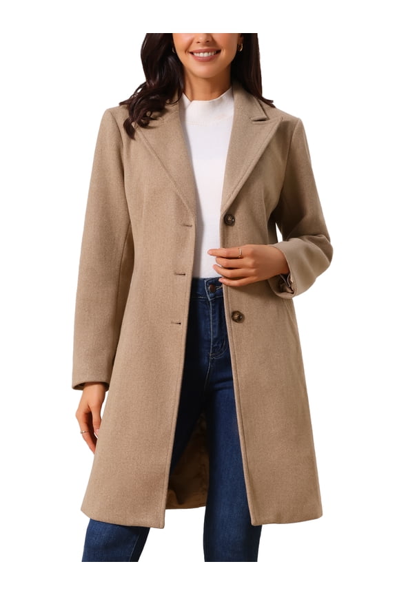 Women's Winter Coat Single Breasted Peacoat Notched Lapel Button Down Outerwear Overcoat L Brown