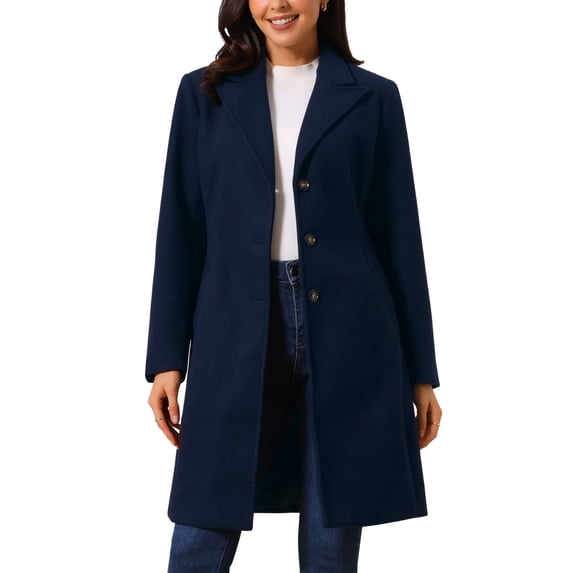 INSPIRE CHIC Women's Winter Coat Single Breasted Peacoat Notched Lapel Button Down Outerwear Overcoat L Dark Blue