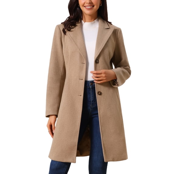 INSPIRE CHIC Women's Winter Coat Single Breasted Peacoat Notched Lapel Button Down Outerwear Overcoat M Brown