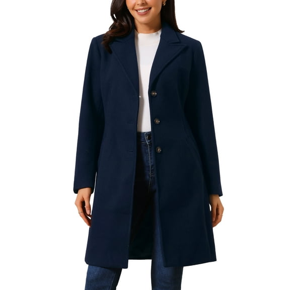 Women's Single Breasted Peacoat Fashion Winter Notched Lapel Button Down Outerwear Overcoat M Dark Blue