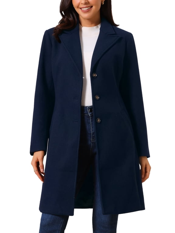 Women's Winter Coat Single Breasted Peacoat Notched Lapel Button Down Outerwear Overcoat M Dark Blue