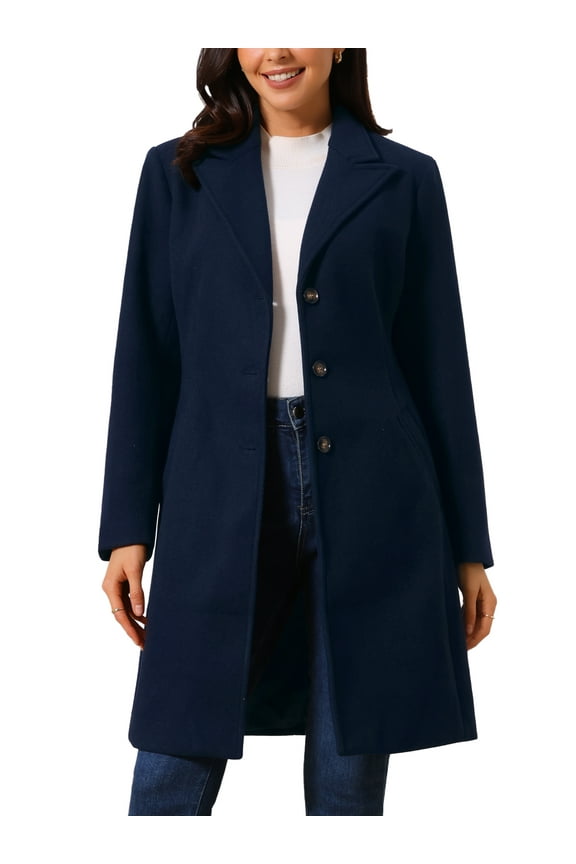 Women's Single Breasted Peacoat Fashion Winter Notched Lapel Button Down Outerwear Overcoat M Dark Blue